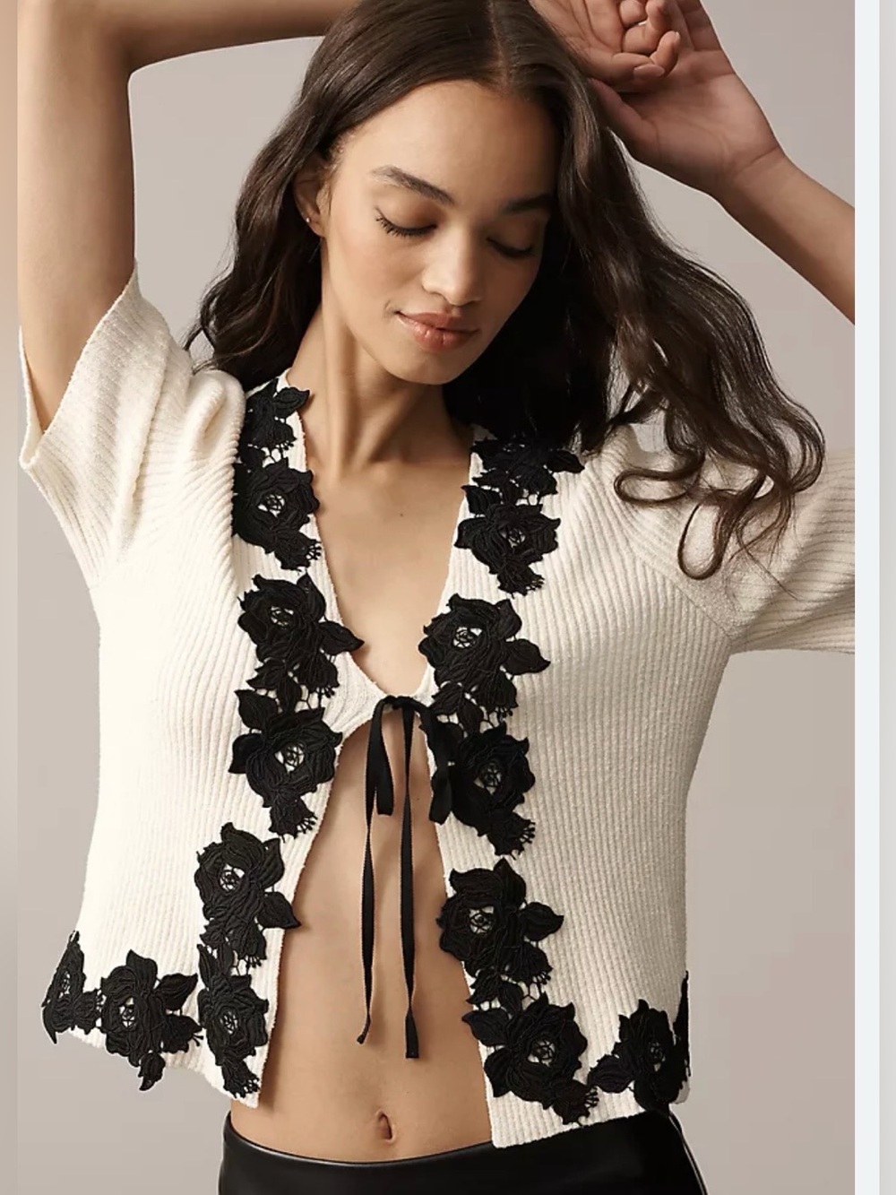 Cream Ribbed Short Cardigan with Black Floral Appliqué